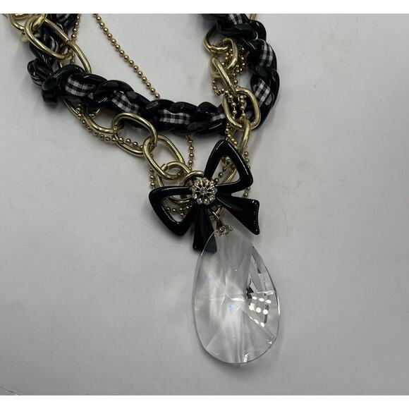 Betsey Johnson Heavy Multistrand Necklace Gold Tone Black White Ribbon Bow Charm - Picture 10 of 14